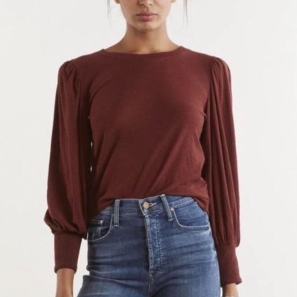 Nation LTD Pima Cotton Puff Sleeve Top Women's Medium Rust Brown